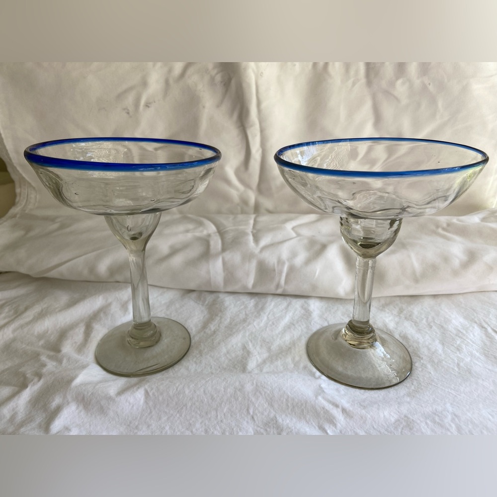 Vintage Margarita Glasses Blue Rim Mexican Hand blown 6.5” x 5” set of 2